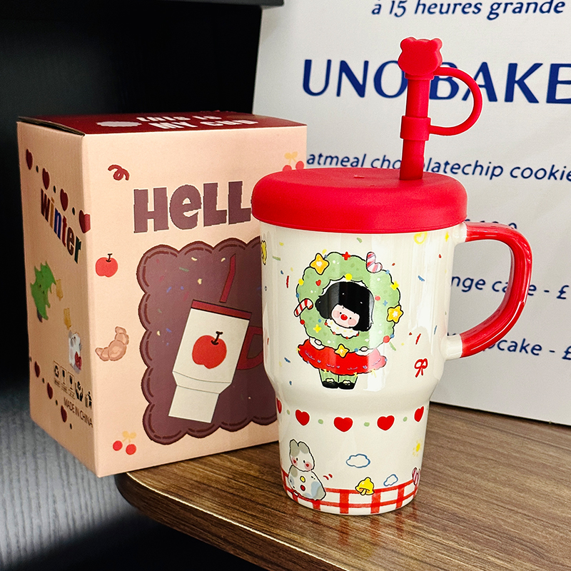 Large Capacity Ceramic Mug with Lid and Straw - Cute Summer Drinkware for Water, Coffee, and Iced Beverages Large Capacity Ceramic Mug with Lid and Straw - Cute Summer Drinkware for Water, Coffee, and Iced Beverages