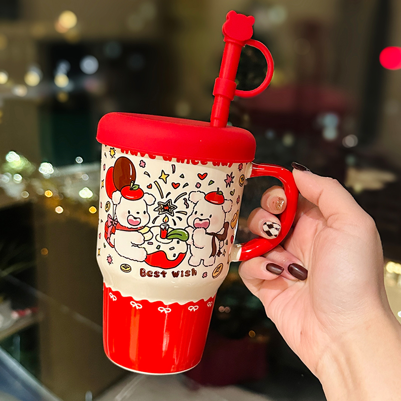 Large Capacity Ceramic Mug with Lid and Straw - Cute Summer Drinkware for Water, Coffee, and Iced Beverages Large Capacity Ceramic Mug with Lid and Straw - Cute Summer Drinkware for Water, Coffee, and Iced Beverages