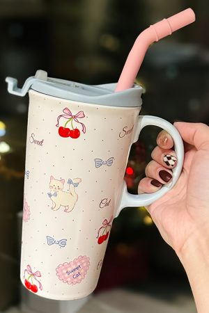 Large Capacity Ceramic Mug with Lid and Straw - Cute Summer Drinkware for Water, Coffee, and Iced Beverages