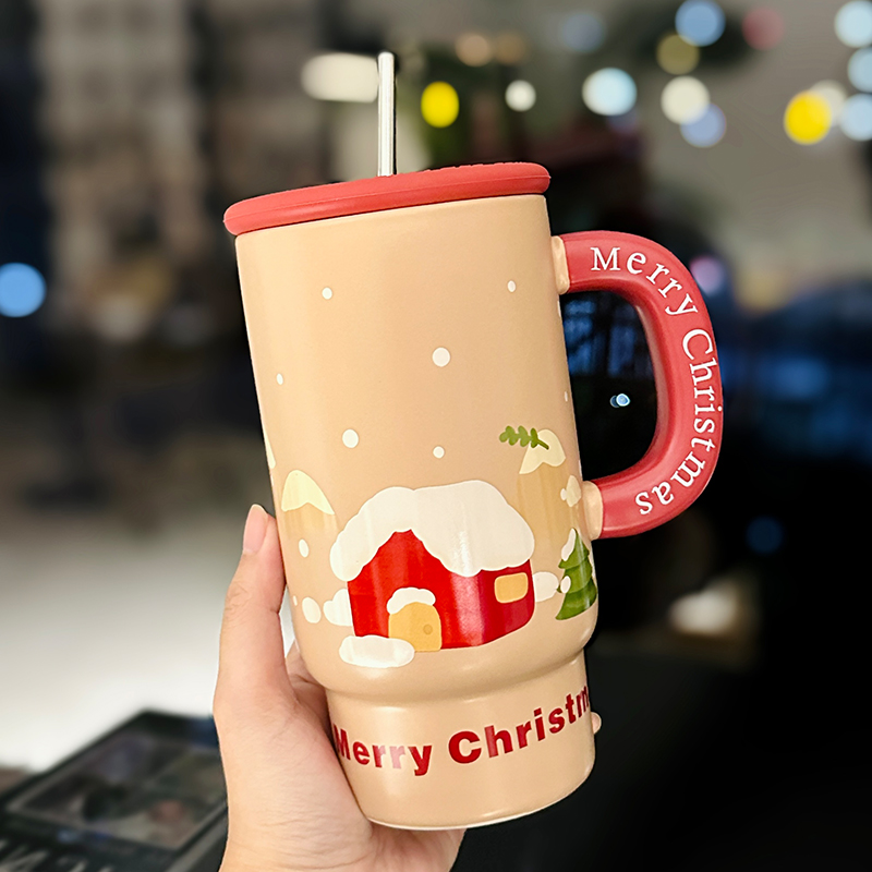 Large Capacity Ceramic Mug with Lid and Straw - Cute Summer Drinkware for Water, Coffee, and Iced Beverages Large Capacity Ceramic Mug with Lid and Straw - Cute Summer Drinkware for Water, Coffee, and Iced Beverages