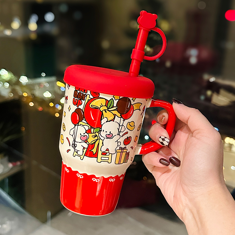 Large Capacity Ceramic Mug with Lid and Straw - Cute Summer Drinkware for Water, Coffee, and Iced Beverages Large Capacity Ceramic Mug with Lid and Straw - Cute Summer Drinkware for Water, Coffee, and Iced Beverages
