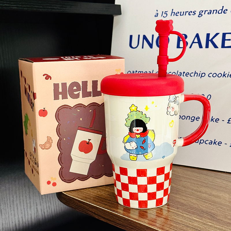 Large Capacity Ceramic Mug with Lid and Straw - Cute Summer Drinkware for Water, Coffee, and Iced Beverages Large Capacity Ceramic Mug with Lid and Straw - Cute Summer Drinkware for Water, Coffee, and Iced Beverages