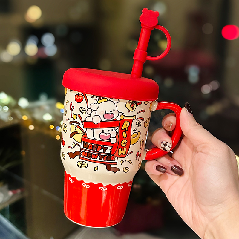 Large Capacity Ceramic Mug with Lid and Straw - Cute Summer Drinkware for Water, Coffee, and Iced Beverages Large Capacity Ceramic Mug with Lid and Straw - Cute Summer Drinkware for Water, Coffee, and Iced Beverages