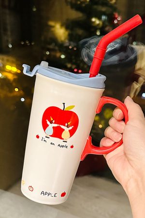 Large Capacity Ceramic Mug with Lid and Straw - Cute Summer Drinkware for Water, Coffee, and Iced Beverages