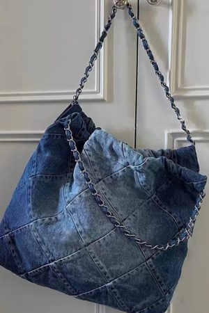 Large Capacity Denim Commuter Tote Bag with Chain Shoulder Strap - Stylish Autumn Winter Cloth Bag for Women