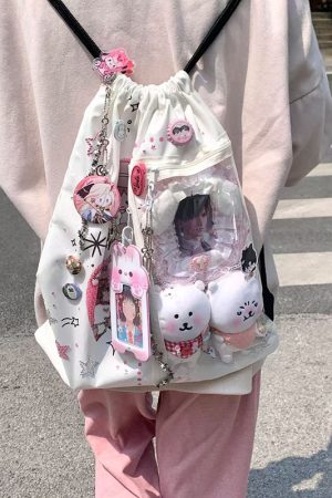 Large Capacity Drawstring Backpack - Versatile Cartoon Design, Transparent Nylon Canvas Bag for Commuting and School