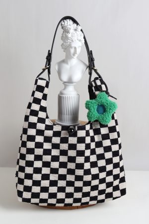 Large Capacity Flower Checkerboard Tote Bag for Women - Versatile Shoulder Bag for Class, Commuting, and Spring Outings