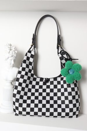 Large Capacity Flower Checkerboard Tote Bag for Women - Versatile Shoulder Bag for Class, Commuting, and Spring Outings