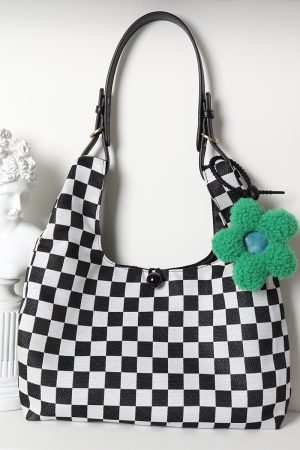 Large Capacity Flower Checkerboard Tote Bag for Women - Versatile Shoulder Bag for Class, Commuting, and Spring Outings