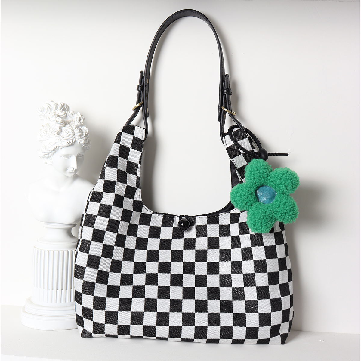 Large Capacity Flower Checkerboard Tote Bag for Women - Versatile Shoulder Bag for Class, Commuting, and Spring Outings Large Capacity Flower Checkerboard Tote Bag for Women - Versatile Shoulder Bag for Class, Commuting, and Spring Outings