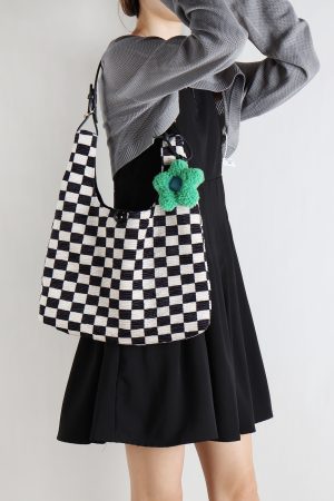 Large Capacity Flower Checkerboard Tote Bag for Women - Versatile Shoulder Bag for Class, Commuting, and Spring Outings