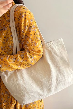 Large Capacity Korean Style Diagonal Stripe Canvas Tote Bag for Women - Casual Commuting Shoulder Bag