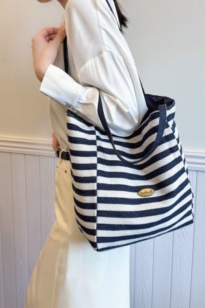 Large Capacity Minimalist Striped Canvas Tote Bag for Women - Ins Literary Lazy Style Spring/Summer Shoulder Bag