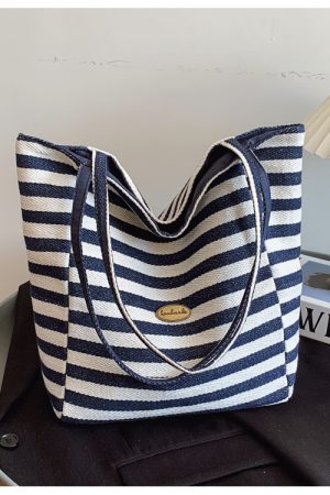 Large Capacity Minimalist Striped Canvas Tote Bag for Women - Ins Literary Lazy Style Spring/Summer Shoulder Bag