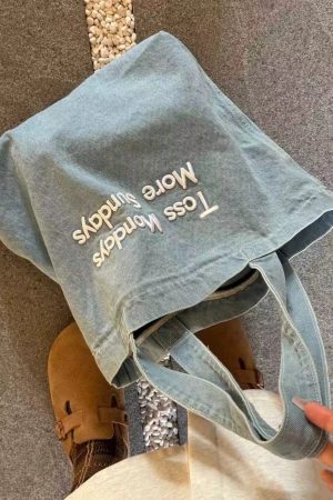 Large Capacity Retro Denim Canvas Tote Bag for Commuters and College Students - Embroidered Shoulder Handbag