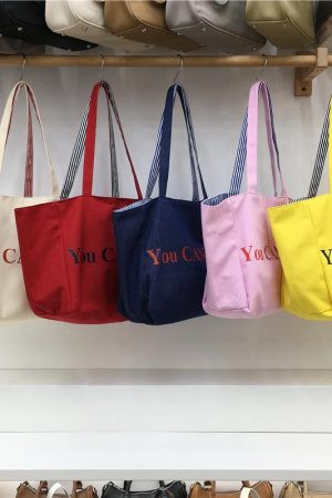 Large Capacity Striped Canvas Shoulder Bag - Double-Sided Fabric, Korean Style Casual Tote for Spring/Summer 2025