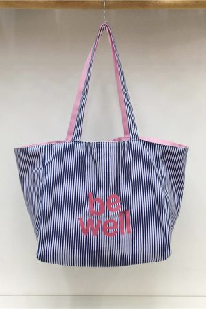 Large Capacity Striped Canvas Shoulder Bag - Double-Sided Fabric, Korean Style Casual Tote for Spring/Summer 2025