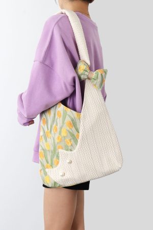 Large Capacity Tulip Cat Tote Bag - Cute Niche Design for Spring, Stylish Shoulder Crossbody Bag