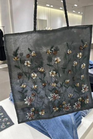 Large Capacity Women's Commuter Tote Bag - 2025 New Embroidered Floral Daisy Mesh Design