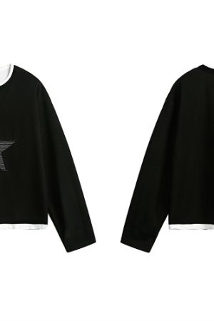 Layered Art Spring American Star Patchwork Fake Two-Piece Long Sleeve Sweatshirt Unisex Loose Fit Versatile Couple Top