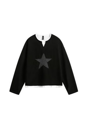 Layered Art Spring American Star Patchwork Fake Two-Piece Long Sleeve Sweatshirt Unisex Loose Fit Versatile Couple Top