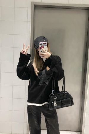 Layered Art Spring American Star Patchwork Fake Two-Piece Long Sleeve Sweatshirt Unisex Loose Fit Versatile Couple Top