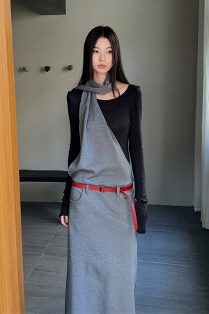 Layered Fake Two-Piece Long Sleeve Halter Dress for Women - Autumn Winter Wasteland Style, Waist-Defined, Boho Chic Fashion