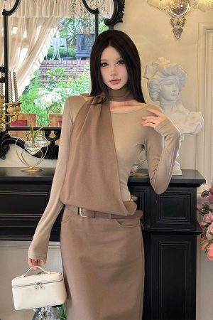 Layered Fake Two-Piece Long Sleeve Halter Dress for Women - Autumn Winter Wasteland Style, Waist-Defined, Boho Chic Fashion