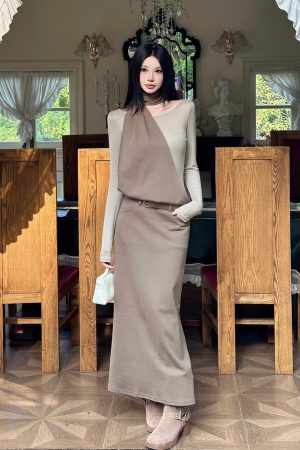 Layered Fake Two-Piece Long Sleeve Halter Dress for Women - Autumn Winter Wasteland Style, Waist-Defined, Boho Chic Fashion