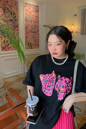 Leopard Head Printed T-Shirt for Women, Short Sleeve, Loose Mid-Length Top, Spring Summer Fashion, Casual Style, Y2K Trend