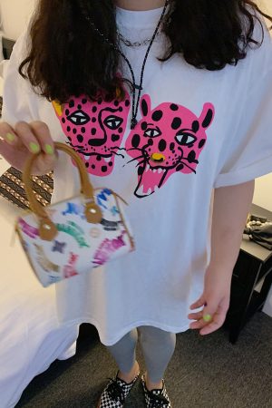 Leopard Head Printed T-Shirt for Women, Short Sleeve, Loose Mid-Length Top, Spring Summer Fashion, Casual Style, Y2K Trend