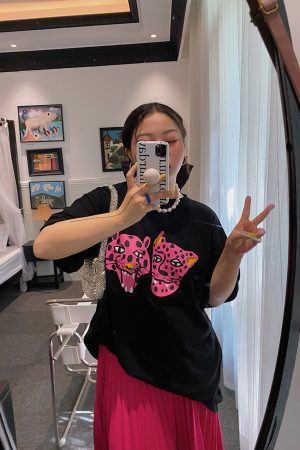 Leopard Head Printed T-Shirt for Women, Short Sleeve, Loose Mid-Length Top, Spring Summer Fashion, Casual Style, Y2K Trend