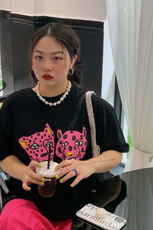 Leopard Head Printed T-Shirt for Women, Short Sleeve, Loose Mid-Length Top, Spring Summer Fashion, Casual Style, Y2K Trend