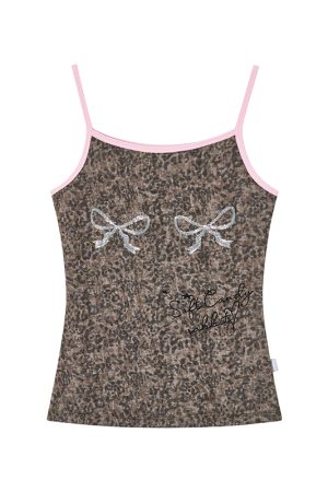Leopard Print Bling Sequin Bow Color-Block Pink Edge Summer Camisole - Trendy Y2K Style Top for Fashionable Outfits