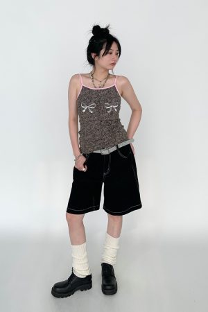 Leopard Print Bling Sequin Bow Color-Block Pink Edge Summer Camisole - Trendy Y2K Style Top for Fashionable Outfits