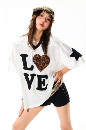 Leopard Print Heart Short Sleeve T-Shirt for Women - Summer Mesh Breathable Jersey, Loose Versatile Top, Y2K Style
