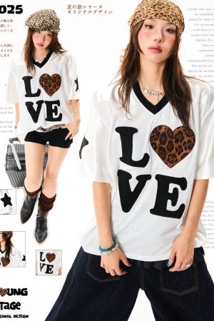 Leopard Print Heart Short Sleeve T-Shirt for Women - Summer Mesh Breathable Jersey, Loose Versatile Top, Y2K Style