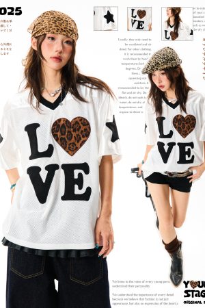 Leopard Print Heart Short Sleeve T-Shirt for Women - Summer Mesh Breathable Jersey, Loose Versatile Top, Y2K Style