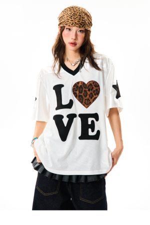 Leopard Print Heart Short Sleeve T-Shirt for Women - Summer Mesh Breathable Jersey, Loose Versatile Top, Y2K Style