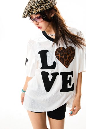 Leopard Print Heart Short Sleeve T-Shirt for Women - Summer Mesh Breathable Jersey, Loose Versatile Top, Y2K Style