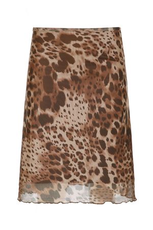 Leopard Print Mesh Skirt - Vintage Prairie Style Women's Straight Skirt, Niche Half Skirt, Boho Chic Fashion, 90s Inspired