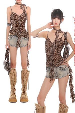 Leopard Print Sexy Mesh Ruffled Strap Tank Top - 2025 Spring/Summer Niche Fashion for Bold Style