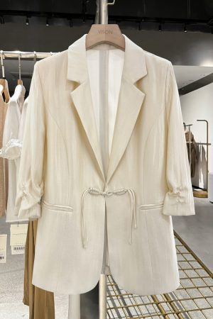 Light Beige Chinese Style Women's Suit Jacket - Thin Draped Fashionable Trendy Summer 2025 Small Suit for Elegant Looks