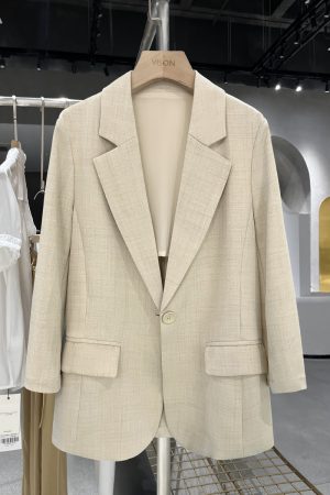 Light Beige Thin Cotton-Linen Blazer for Women - Vintage Commuting Suit Jacket, 2025 Spring Summer Fashion Essentials