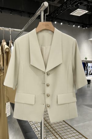 Light Beige Thin Design Blazer for Women - Vintage College Style Suit, 2025 Summer Trend, Chic and Mature Fashion