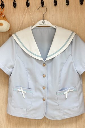 Light Blue College Style Slimming JK Uniform Bow Sailor Suit with Navy Collar and Pudding Bear Design, Y2K Fashion