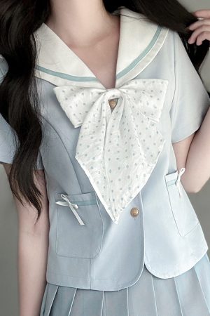 Light Blue College Style Slimming JK Uniform Bow Sailor Suit with Navy Collar and Pudding Bear Design, Y2K Fashion