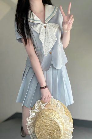 Light Blue College Style Slimming JK Uniform Bow Sailor Suit with Navy Collar and Pudding Bear Design, Y2K Fashion