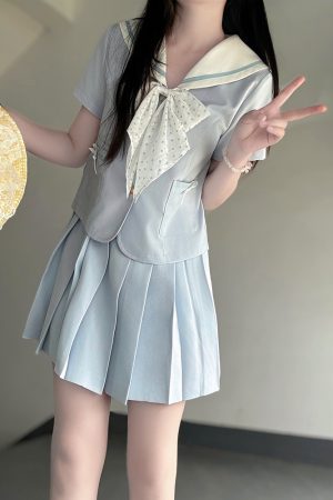 Light Blue College Style Slimming JK Uniform Bow Sailor Suit with Navy Collar and Pudding Bear Design, Y2K Fashion