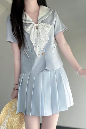 Light Blue College Style Slimming JK Uniform Bow Sailor Suit with Navy Collar and Pudding Bear Design, Y2K Fashion